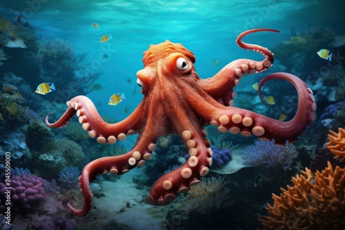Octopus underwater reef. Marine wild. Generate Ai © juliars