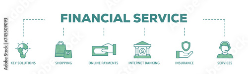 Financial service banner web icon illustration concept with icon of key solutions, shopping, online payments, internet banking, insurance and services icon live stroke and easy to edit 