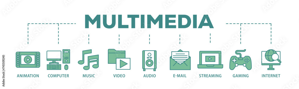 Multimedia banner web icon illustration concept with icon of e mail, video, audio, internet, streaming, gaming, music, computer, animation icon live stroke and easy to edit Multimedia banner web icon illustration concept with icon of e mail, video, audio, internet, streaming, gaming, music, computer, animation icon live stroke and easy to edit