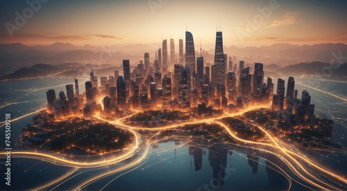 Smart city in big data connection technology concept.