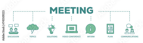 Meeting banner web icon illustration concept with icon of communications, topics, solutions, plan, inform and video conference  icon live stroke and easy to edit 