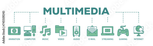 Multimedia banner web icon illustration concept with icon of e mail, video, audio, internet, streaming, gaming, music, computer, animation icon live stroke and easy to edit 