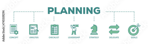 Planning banner web icon illustration concept with icon of concept, analysis, checklist, leadership, strategy, delegate and goals icon live stroke and easy to edit 
