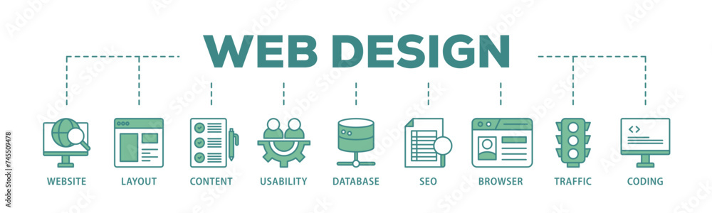 Web design banner web icon illustration concept with icon of coding, traffic, browser, usability, seo, database, content, layout, website icon live stroke and easy to edit Web design banner web icon illustration concept with icon of coding, traffic, browser, usability, seo, database, content, layout, website icon live stroke and easy to edit
