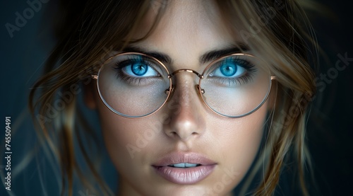 Visionary Gaze: Young woman with Intense Blue Eyes Behind Elegant Round Glasses