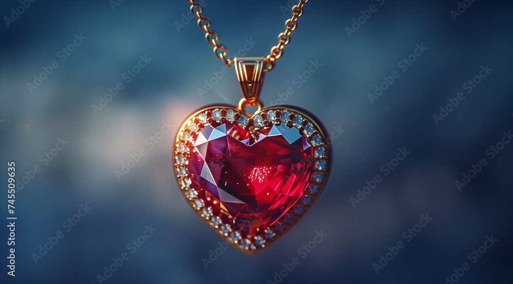 a heart necklace with a large ruby red heart shaped diamond