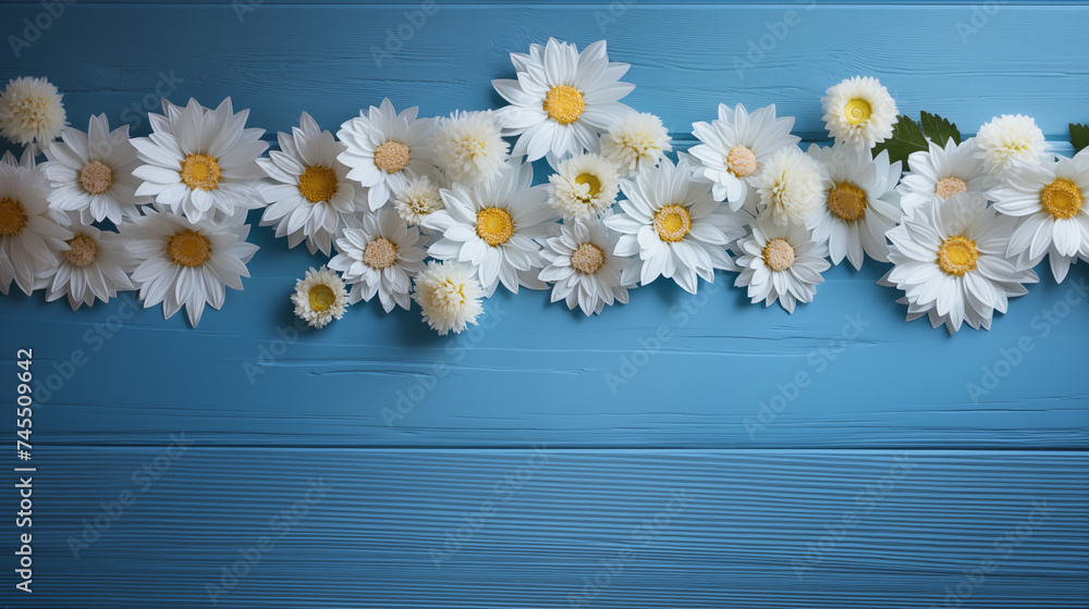 Obraz premium pring flower wallpaper collection with white and yellow Chrysanthemum on blue wooden.
