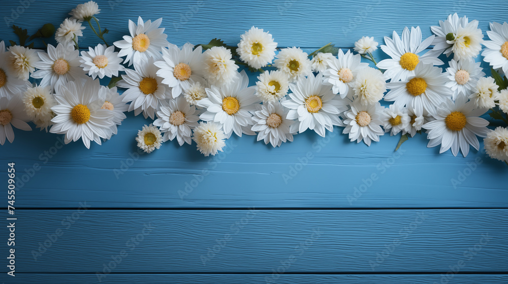 Obraz premium pring flower wallpaper collection with white and yellow Chrysanthemum on blue wooden.