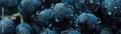 Close-up of a bunch of ripe grapes, glistening with dew drops against a soft-focused background, highlighting the freshness and natural beauty of vineyard produce.