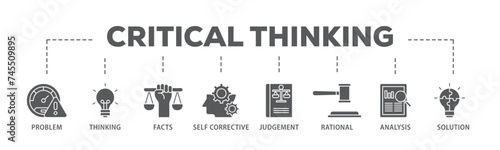 Critical thinking banner web icon illustration concept with icon of solution, analysis, self corrective, rational, judgement, facts, thinking, problem icon live stroke and easy to edit 