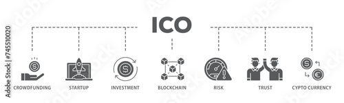 ICO banner web icon illustration concept with icon of crowdfunding, startup, investment, blockchain, risk, trust and cypto currency icon live stroke and easy to edit 