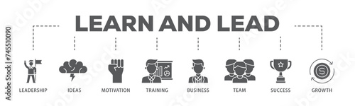 Learn and lead banner web icon illustration concept with icon of leadership, ideas, motivation, training, business, team, success, and growth icon live stroke and easy to edit 