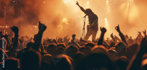 Front man in cheering crowds  millions of fans  hands up  A rock star  a popstar  a celebrity  at the top. Live performance  stadium tour.