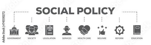 Social policy banner web icon illustration concept with icon of education, reform, services, welfare, health care ,legislation, society, government icon live stroke and easy to edit  photo