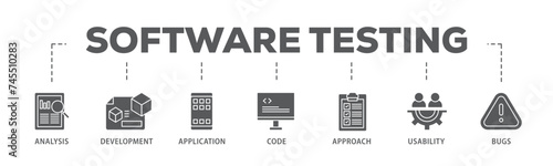 Software testing banner web icon illustration concept with icon of bugs, code, usability, approach, application, development, analysis icon live stroke and easy to edit 