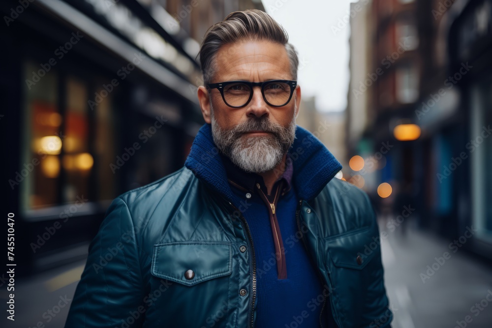 Portrait of a bearded man in glasses and a blue jacket.