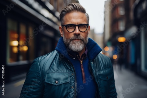 Portrait of a bearded man in glasses and a blue jacket.