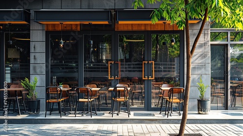 Front of modern restaurant building