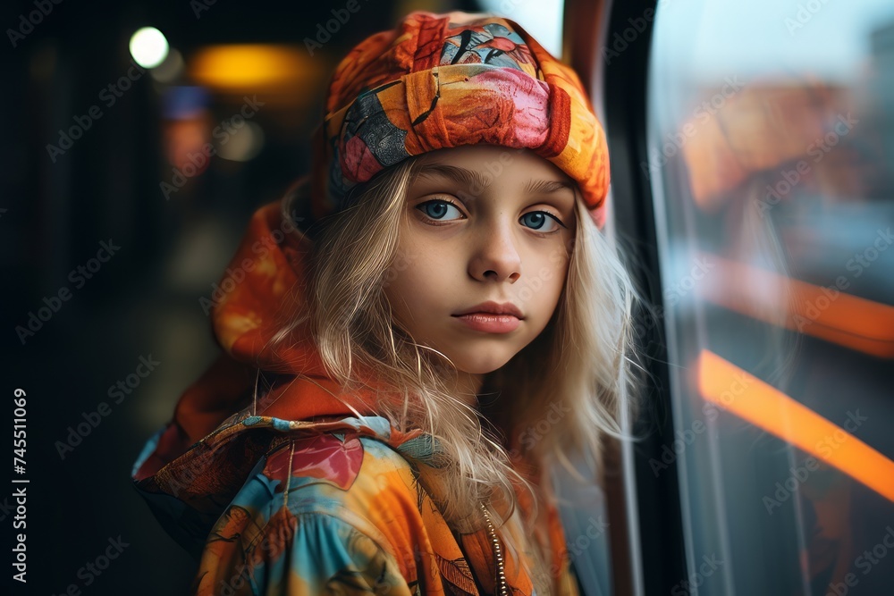 Portrait of a cute little girl with long hair in a multicolored scarf. Portrait of a cute little girl with long hair in a multicolored scarf.