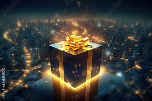 Night festive cityscape scene with blue present. Skyscrapers and gift box with golden ribbon bow. Sale and discount. Online shopping and online store concept