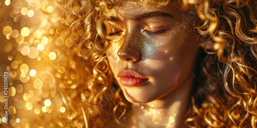 a beautiful woman in gold dress and golden glitter background, closed eyes girl with curly blond lush hair