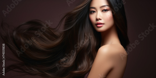 beautiful asian woman model with long and traight hair. hair fashion, cosmetics and makeup concept, copy space
