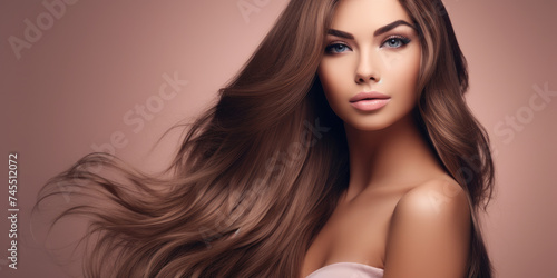 beautiful woman model with long and traight hair. hair fashion, cosmetics and makeup concept, copy space