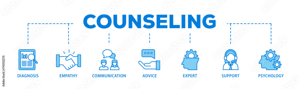 Counseling banner web icon illustration concept with icon of diagnosis, empathy, communication, therapy, advice, expert, and support icon live stroke and easy to edit 
