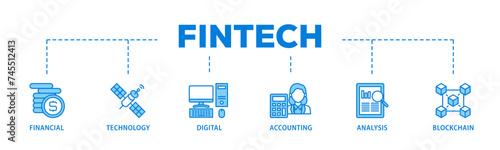 Fintech banner web icon illustration concept with icon of financial, technology, digital, accounting, analysis and blockchain icon live stroke and easy to edit 