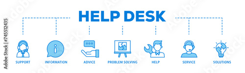 Help desk banner web icon illustration concept with icon of support, information, advice, problem solving, help, service and solutions icon live stroke and easy to edit 