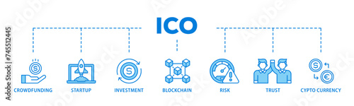 ICO banner web icon illustration concept with icon of crowdfunding, startup, investment, blockchain, risk, trust and cypto currency icon live stroke and easy to edit 