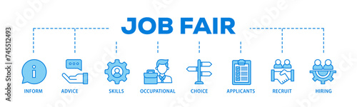 Job fair banner web icon illustration concept with icon of the information, advice, skills, occupational, applicants, recruit, and hiring icon live stroke and easy to edit 
