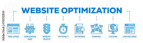 Website optimization banner web icon illustration concept with icon of page speed, conversion rate, website traffic, efficiency, keywords, ranking, caching  icon live stroke and easy to edit 