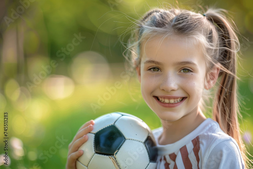 Cheerful Young Girl Holding a Soccer Ball in Sunny Park © Kien