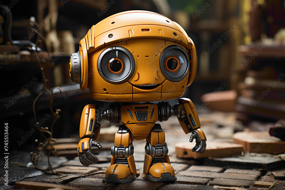 Creative and unique AI toy, small in size, displayed in a warm yellow tone on a table, sparking imagination and curiosity