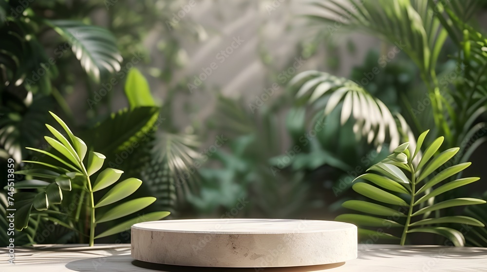 podium stand with tropical leaves background. Empty natural stone pedestal platform to display beauty product. Mockup. advertising. podium stand with tropical leaves background. Empty natural stone pedestal platform to display beauty product. Mockup. advertising.