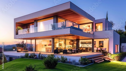 An expansive two-story house with modern design, ideal for featuring in business rentals, real estate listings, and advertisements