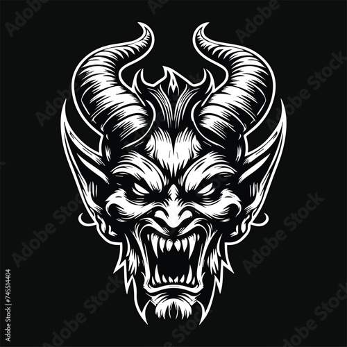Dark Art Angry Demon Head Black and White Illustration