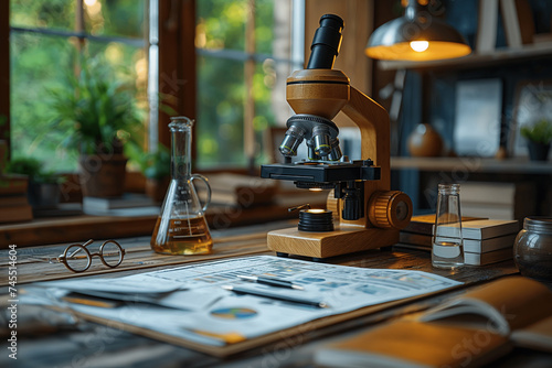 Closeup of science microscope in lab, work documents and visa at work desk. data analysis