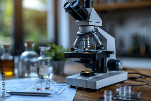 Closeup of science microscope in lab, work documents and visa at work desk. data analysis