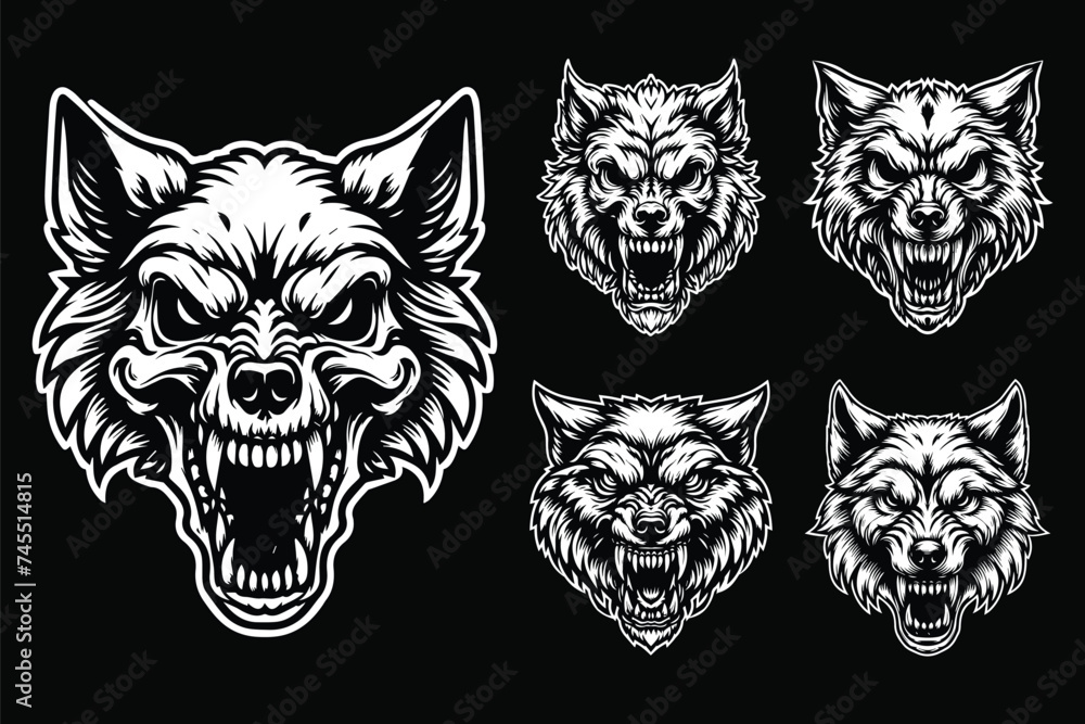 Fototapeta premium Dark Art Skull Angry Beast Wolf Head Black and White Illustration