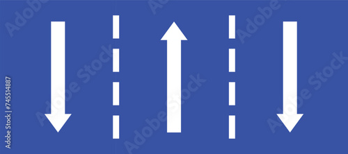 Set highway blue traffic sign three line road straight middle two opposite direction white arrow. Mandatory information route coution symbol collection for web mobile isolated white background