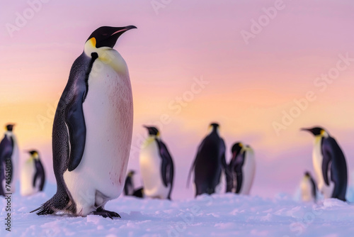 Emperor penguins huddle for warmth in the Antarctic twilight