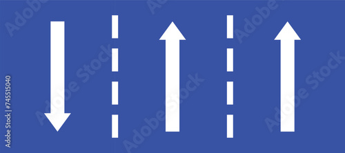 Set highway blue traffic sign three line road tstraight opposite direction white arrow. Mandatory information route coution symbol collection for web mobile isolated white background illustration.