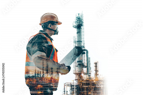 Half body, Double exposure of Engineer standing holding a blueprint with safety helmet with oil refinery industry plant background photo