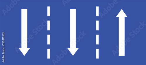Set highway blue traffic sign three line road straight two opposite direction white arrow. Mandatory information route coution symbol collection for web mobile isolated white background illustration.