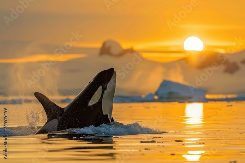 An orca surfaces in Arctic waters under the midnight sun