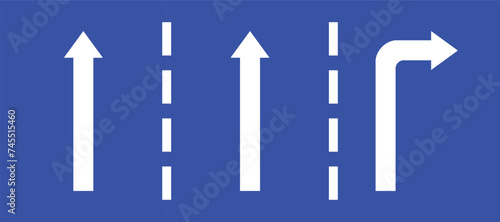 Set highway blue traffic sign three line road two straight and turn right white arrow. Mandatory information route coution symbol collection for web mobile isolated white background