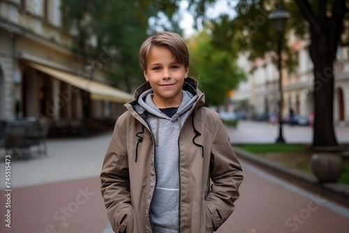 Portrait of a boy in a coat on the street in the city © Inigo