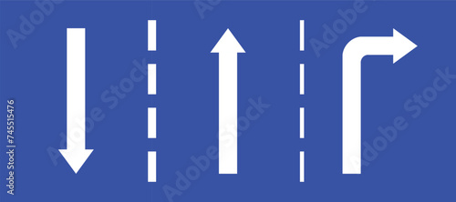 Set highway blue traffic sign three line road two straight and turn right opposite direction white arrow. Mandatory information route coution symbol collection for web mobile isolated white background